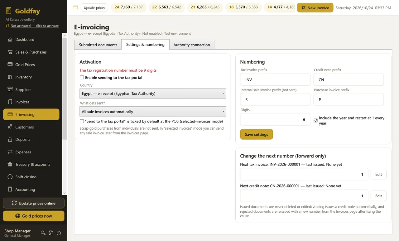 E-invoicing: settings & numbering — Goldfay