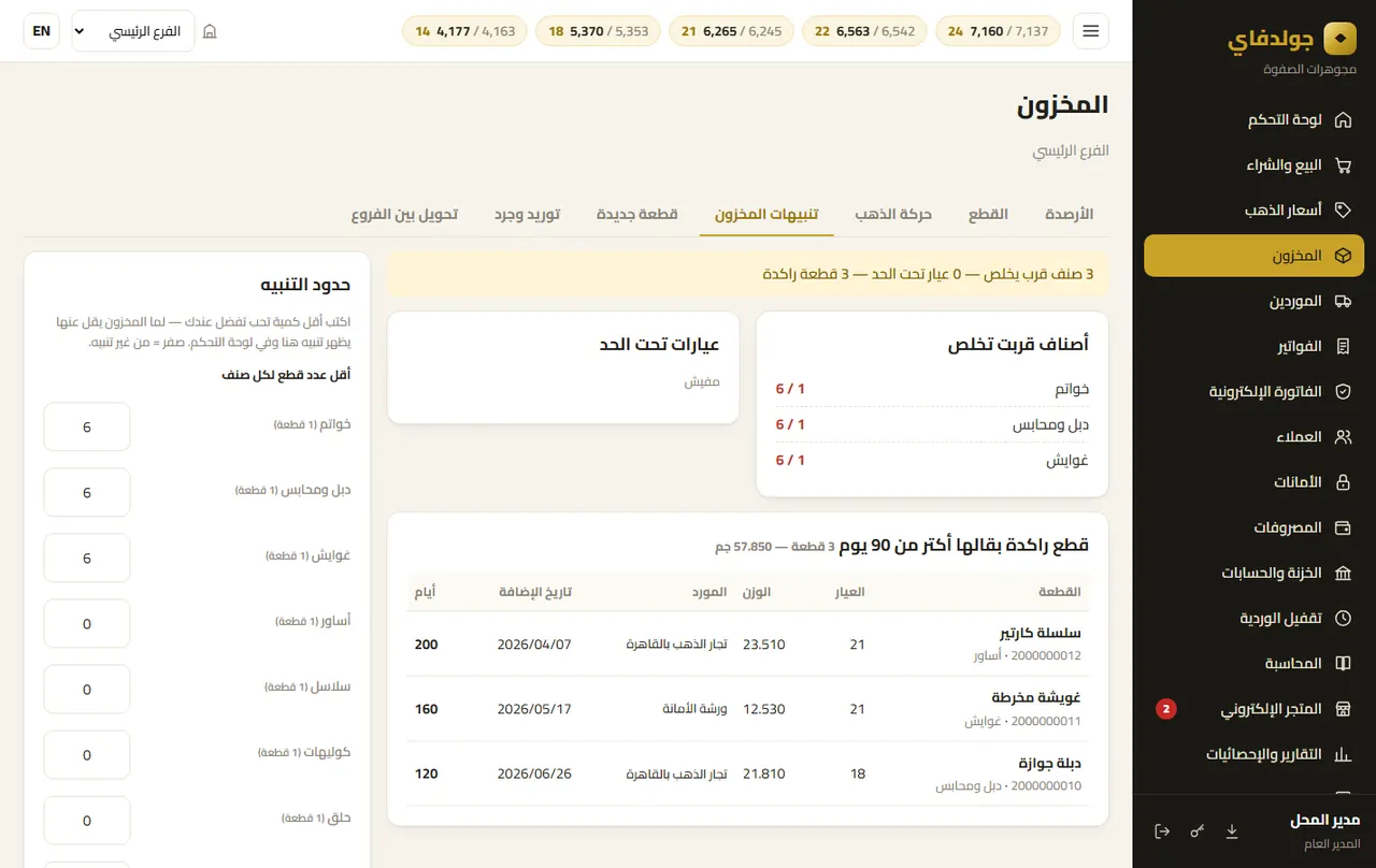 المخزون: تنبيهات المخزون — جولدفاي