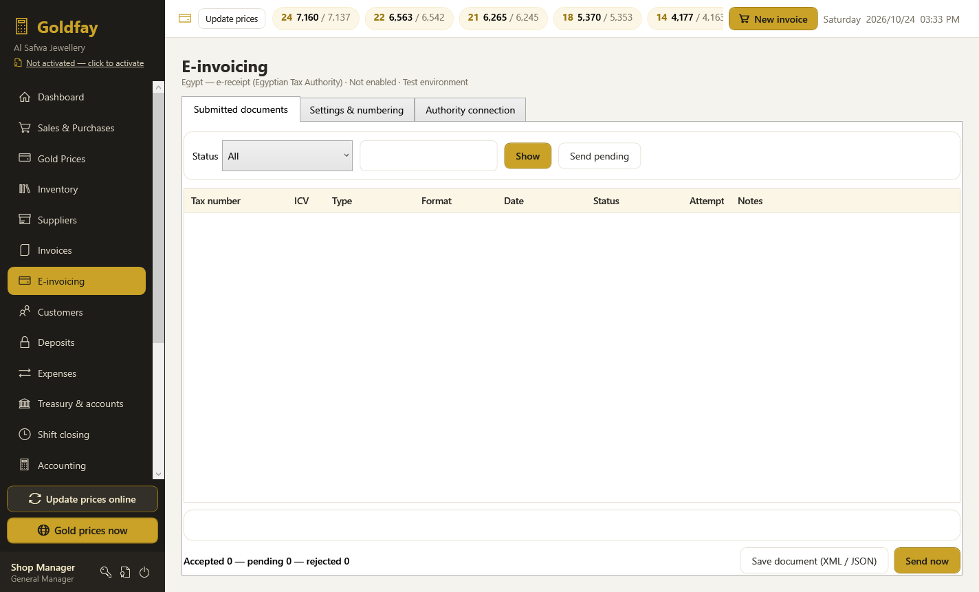 E-invoicing settings and tax numbering in Goldfay