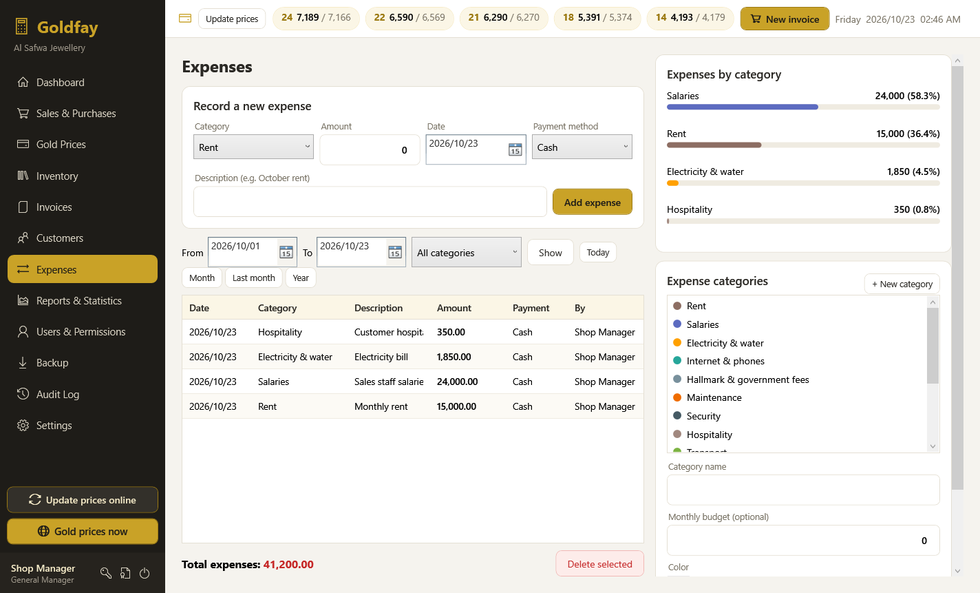 Expenses and categories — Goldfay gold shop software